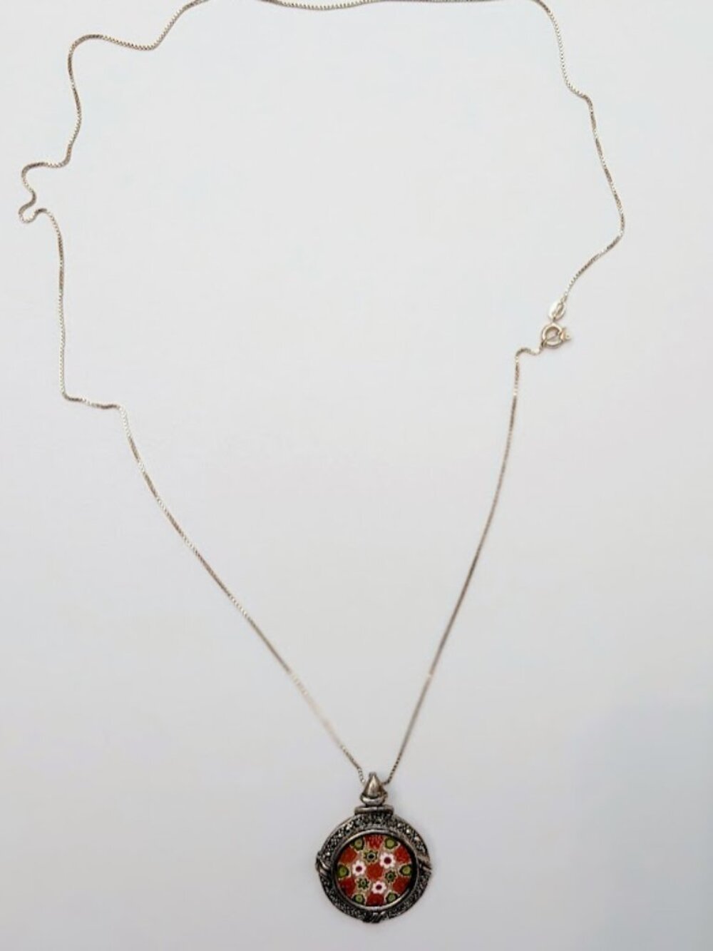 Vintage Sterling Silver Millefiori Glass Floral Pendant Necklace